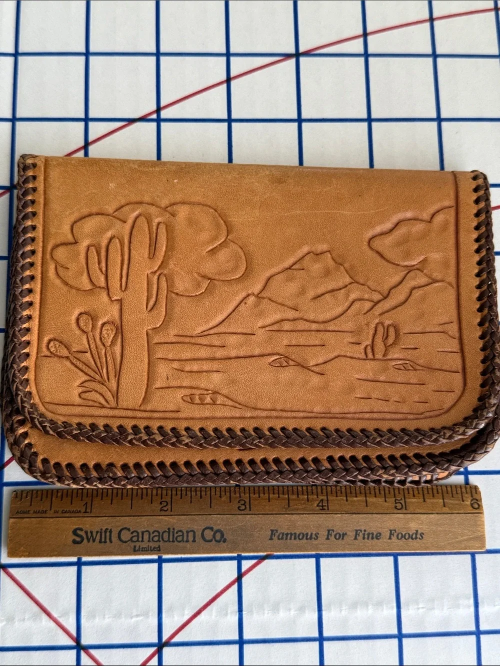 Vintage Hand Tooled Leather Wallet Clutch Southwestern Desert Cactus Whipstitch